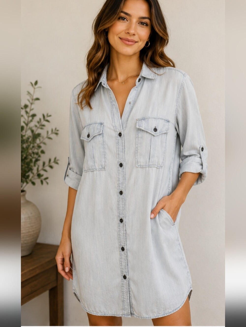 Philosophy Light Wash Tencel Button Front Shirt Dress Size Small